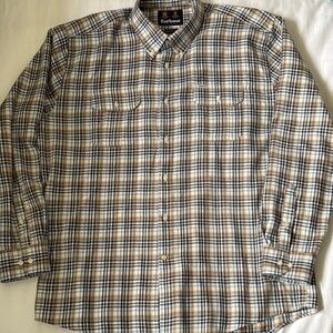 Barbour blue/brown/white plaid button down shirt 2 chest pockets EUC